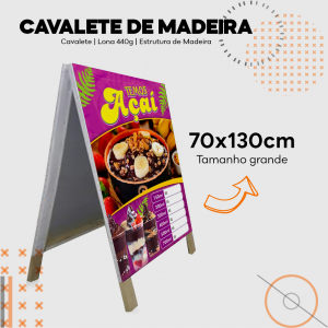 Cavalete de Madeira - Grande Lona 440g 70x130cm Impressão digital, dois lados Verniz UV Lona 70x120cm 