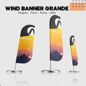 Wind Banner - Grande Tecido Poliéster 65x300cm Impressão frente e verso colorida - 4x4 Estrutura e Base Completa Modelo Faca 