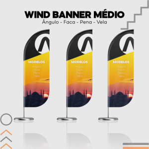 Wind Banner - Médio Tecido Poliéster 65x250cm Impressão frente e verso colorida- 4x4 Estrutura e Base Completa Modelo Faca 