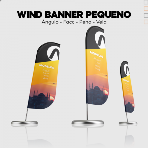 Wind Banner - Pequeno Tecido Poliéster 65x190cm Impressão frente e verso colorida- 4x4 Estrutura e Base Completa Modelo Faca 